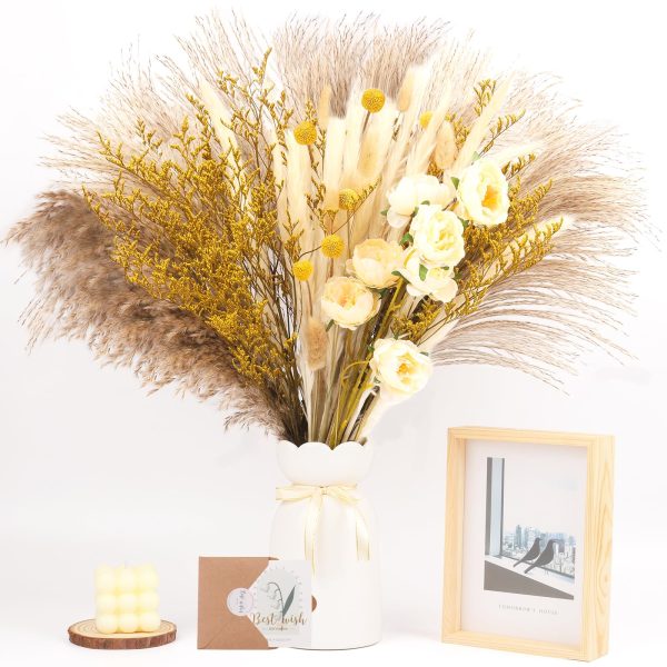 Ramo de mezcla de hierba de las pampas secas naturales, ramo de decoración bohemia para el hogar, flores secas de Phragmites, ramo de flores secas de colas de conejo para arreglos florales de boda en la habitación del hogar, fiesta en la mesa decoraciones Online Sale